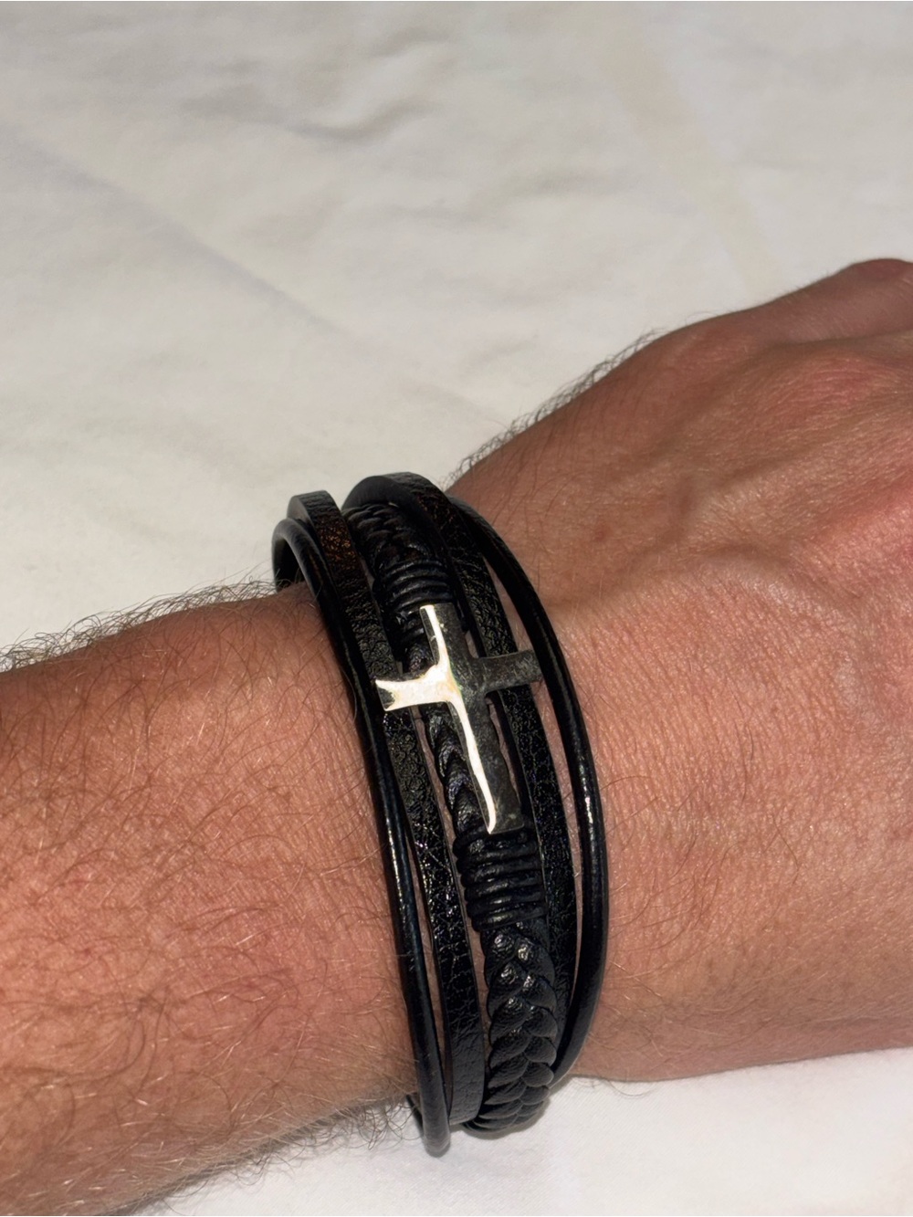 Men's Black Leather Multi-Strand Cross Bracelet